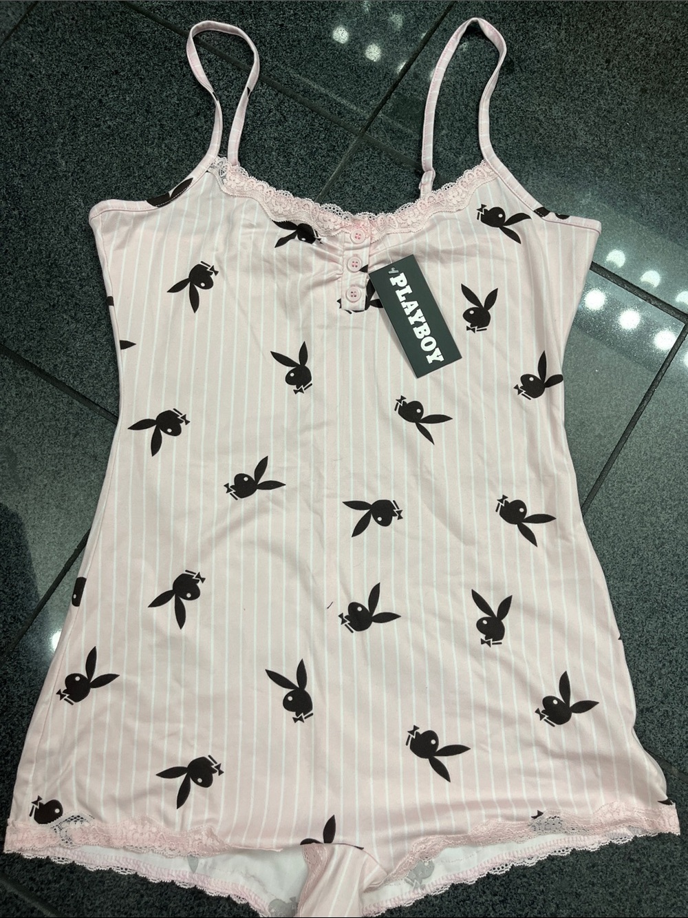 PLAYBOY Pink and Black Bunny-Print Satin Cami Romper